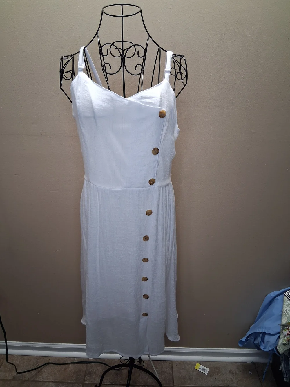 White Midi Dress XL Button Front Smocked SunDress Summer Boho Rayon - Picture 2 of 9